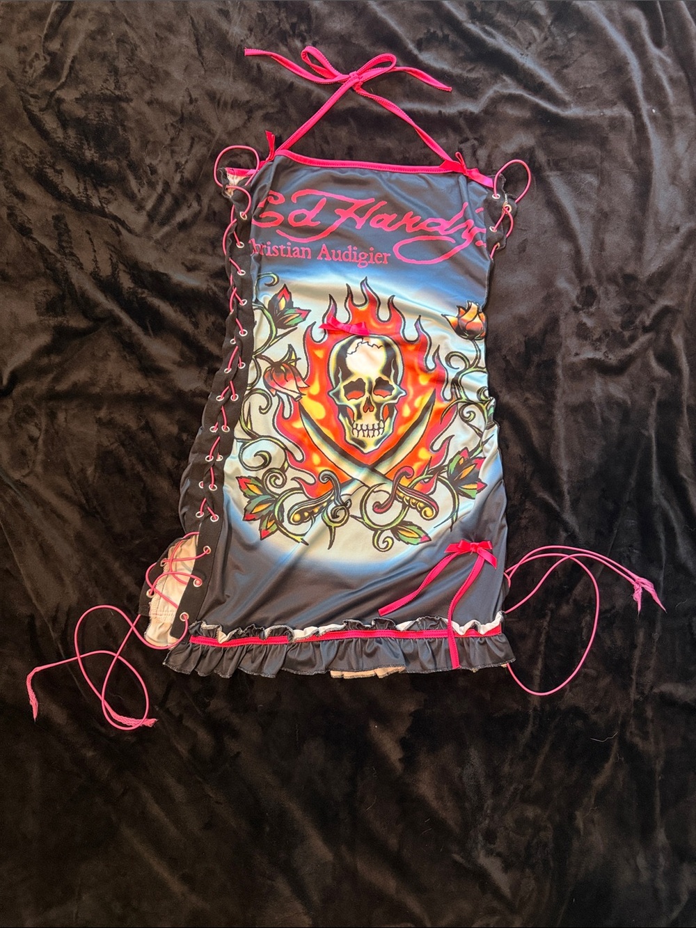 Ed Hardy Black Mini Dress with Pink Lace-Up and Flaming Skull Graphic